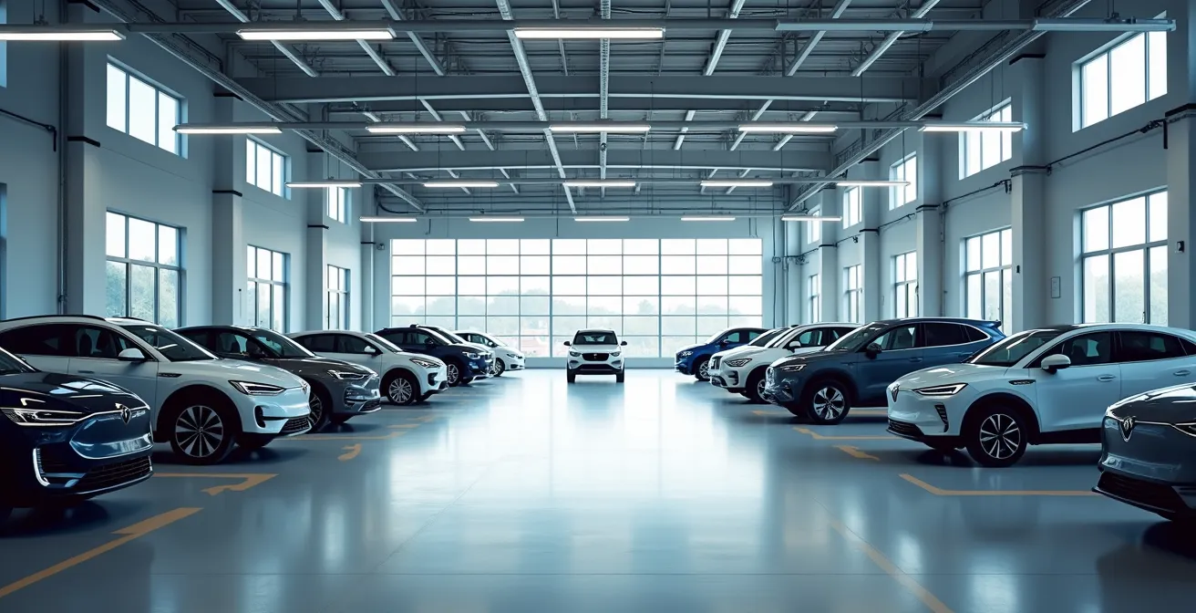 Vue d'ensemble d'un atelier moderne avec véhicules hybrides et électriques en maintenance