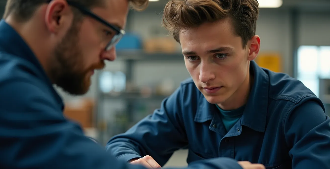 Portrait d'un jeune apprenant concentré sur l'apprentissage technique automobile