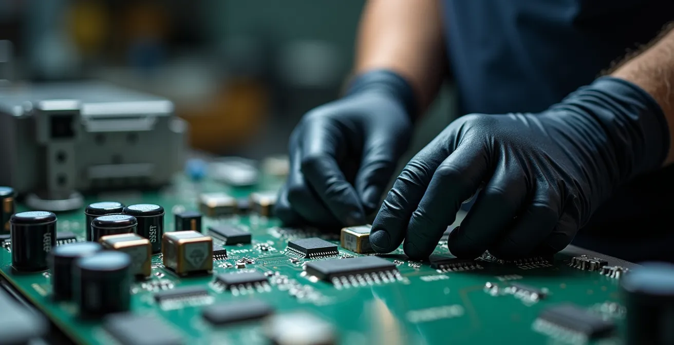 Gros plan sur les mains expertes d'un technicien manipulant des composants électroniques automobiles